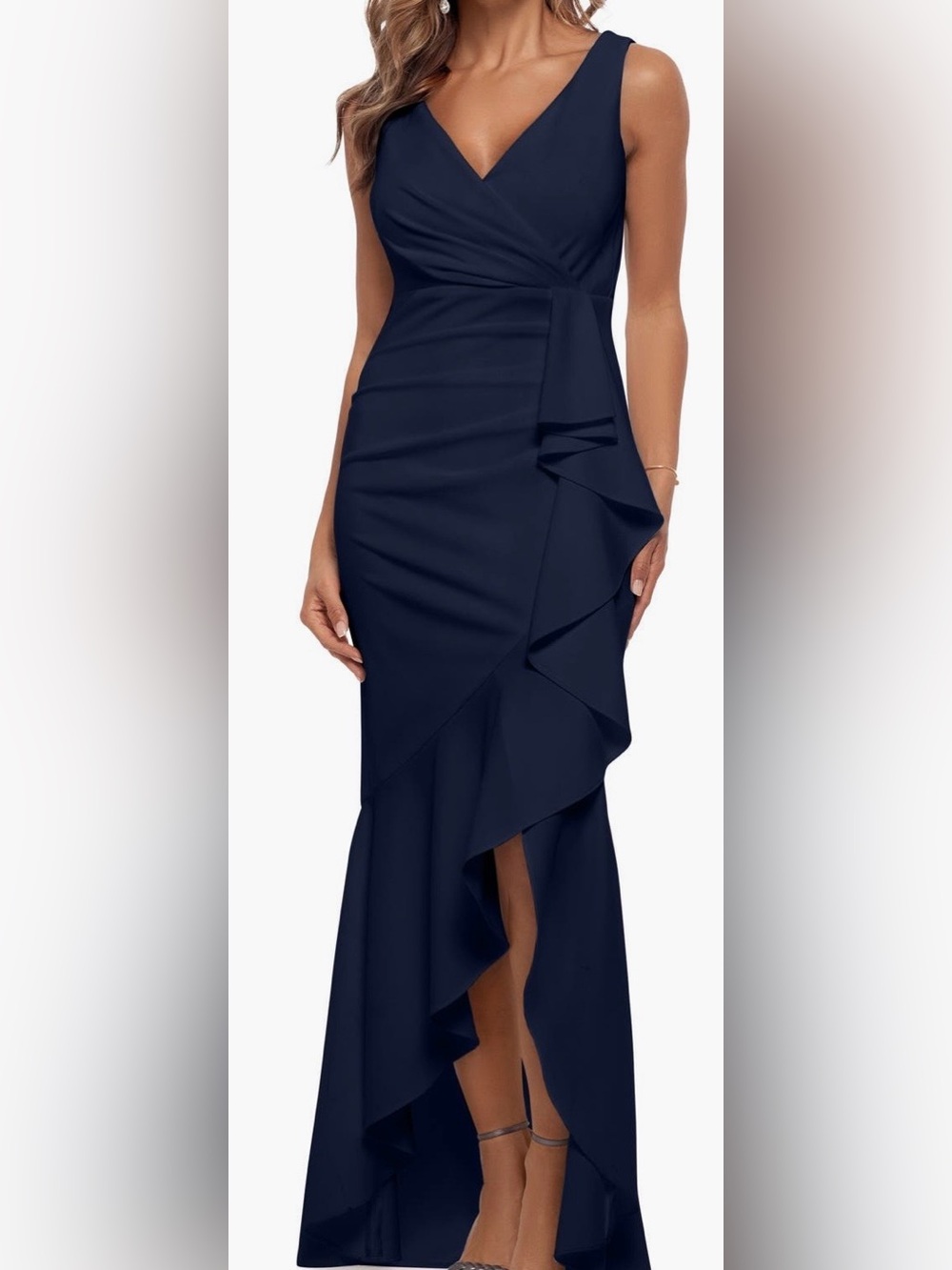 Betsy Adam 12P  Navy Ruffle V-Neck Evening Dress
